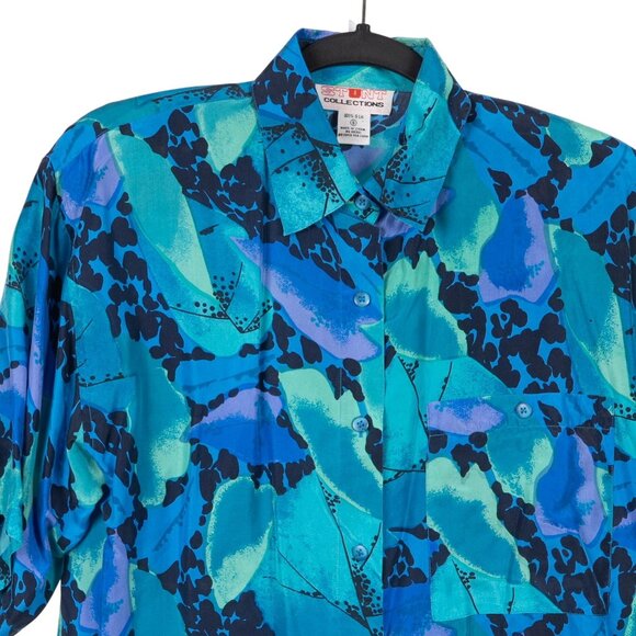 Stunt Collections VTG Button Up Shirt S Womens Silk Blue Green Abstract Purple - Picture 2 of 5